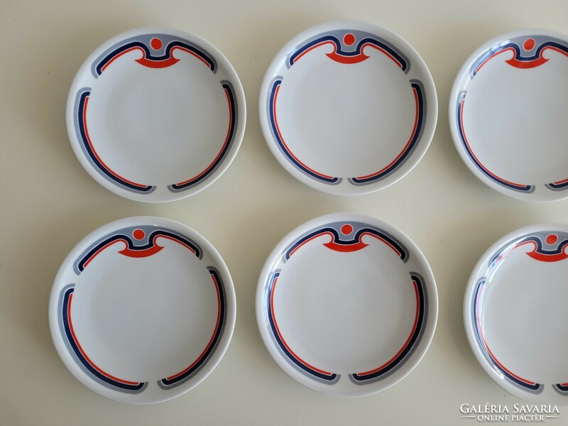 Retro 6 db Alföldi porcelán kis tányér desszertes piros kék menza mintás