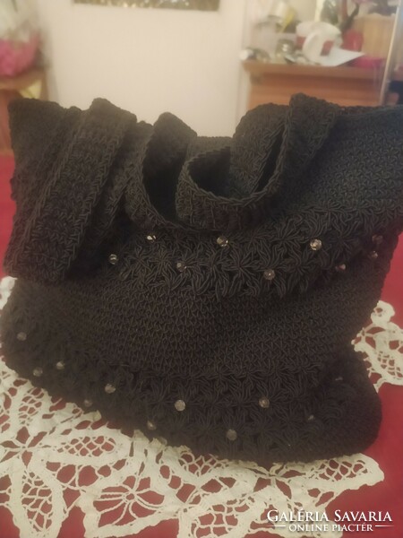 Crocheted black lined women's shoulder bag with 2 handles