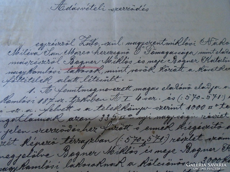 ZA466.42  Nákó Miléva San Marco herczegnő adásvételi szerződése 1911 Nagykomlós-Bánság-Nagykikinda