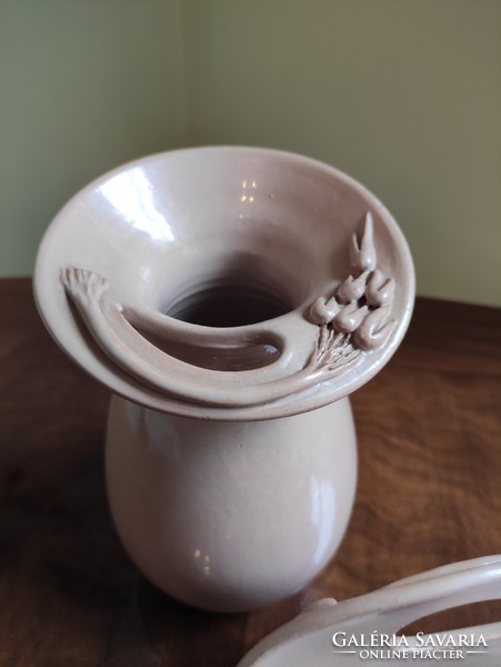 Tulip motif powder pink industrial ceramic vase and napkin holder set, marked