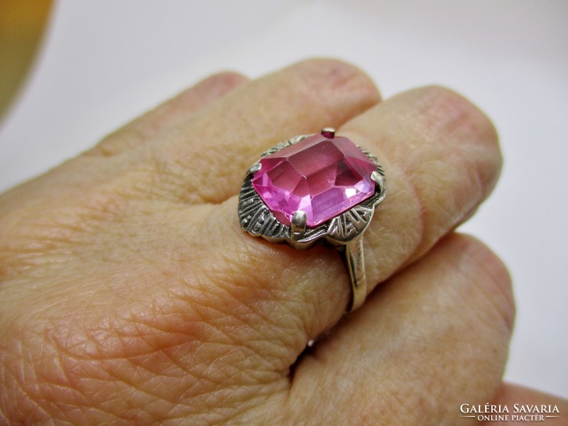 Szép régi ezüst gyűrű nagy valódi rózsaszín topáz kővel