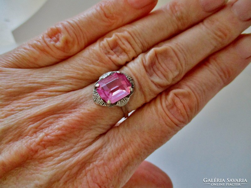 Beautiful old silver ring with a large genuine pink topaz stone