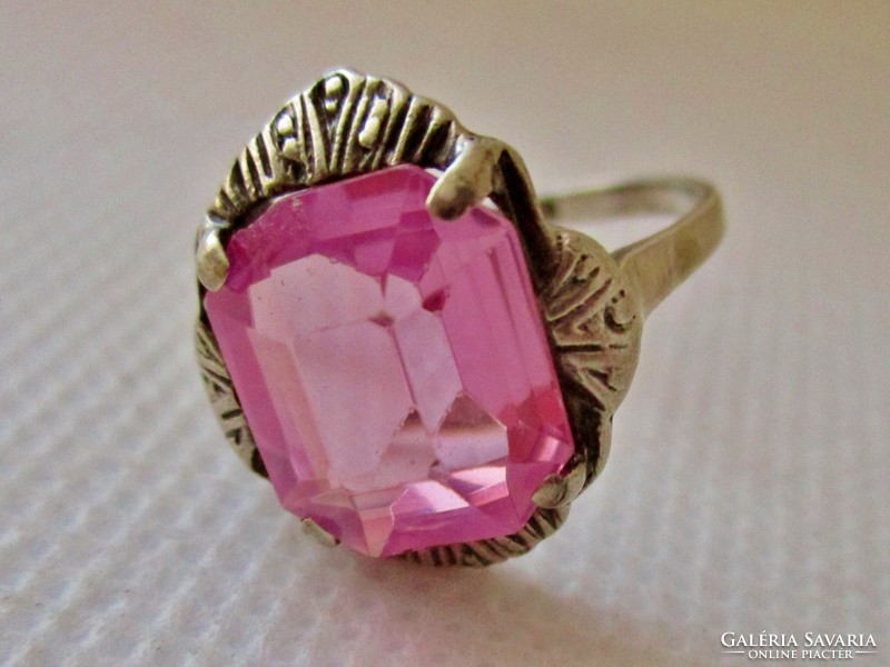 Beautiful old silver ring with a large genuine pink topaz stone