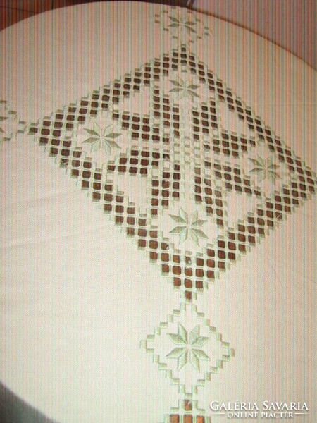 Beautiful green embroidered azure crocheted woven needlework tablecloth