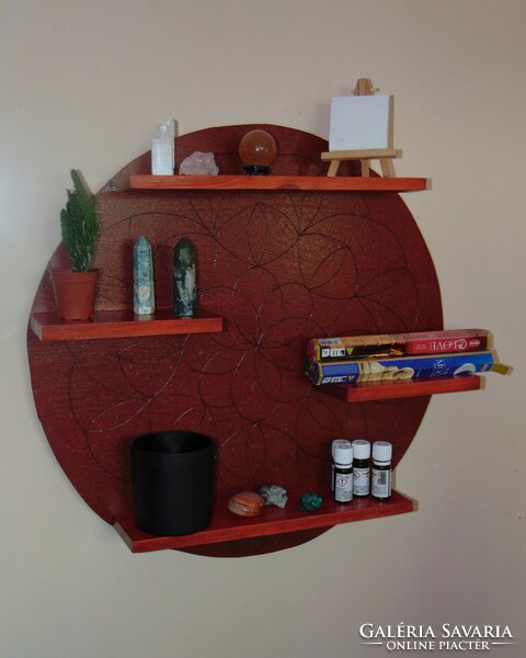 Cherry-colored shelf with a mandala pattern