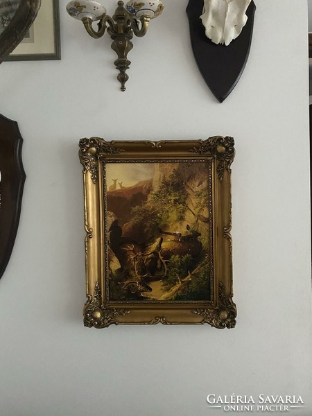 Hunting scene - print - fight of deer - in antique frame - excellent gift