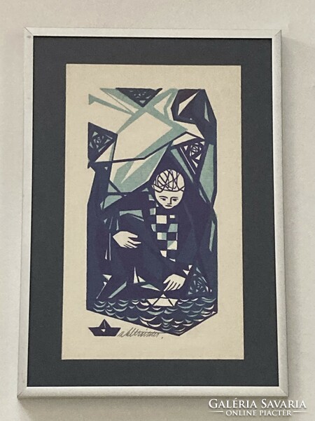 Little boy with a boat, linocut in glazed metal frame