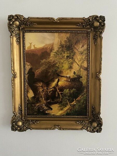 Hunting scene - print - fight of deer - in antique frame - excellent gift