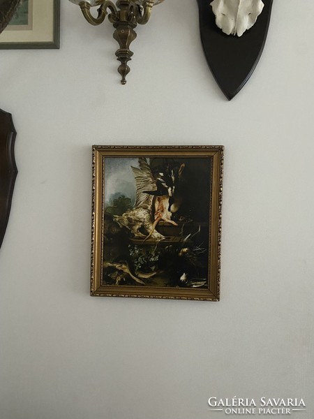 Hunting still life with birds and fish - print in an antique frame