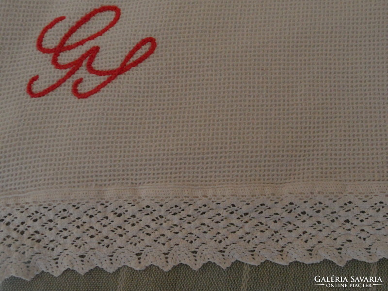 Régebbi csipkés, monogramos konyhai textil, konyharuha ( 4 db. )