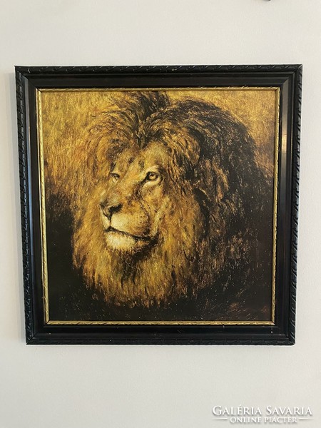 Vadász festmény - nyomat  antik keretben- oroszlán portré - Vastagh Géza