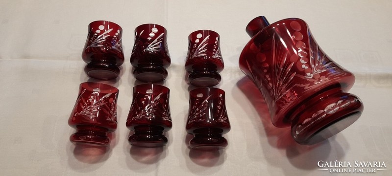 Old, burgundy, polished, lead crystal wine glass and 6 glasses