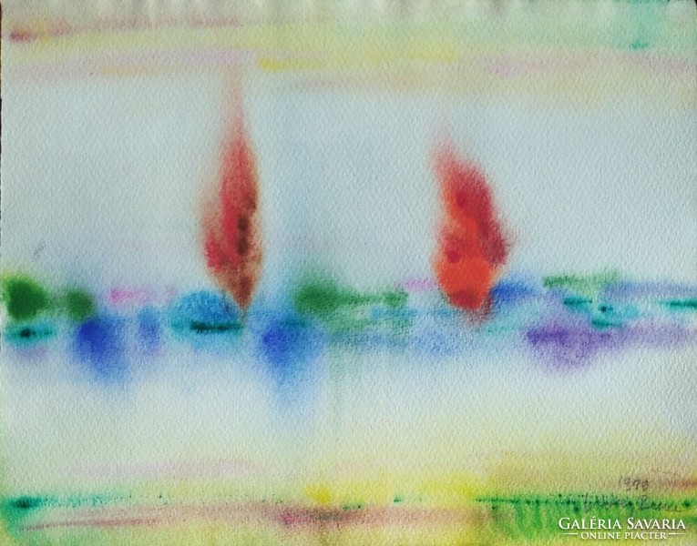 Litkey Bence: "Távolban két vörös vitorla" című gyönyörű akvarellje