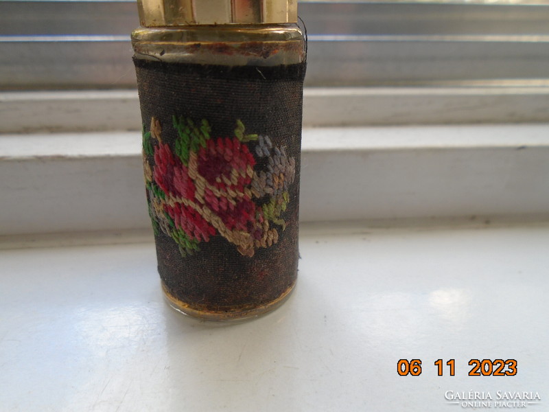 1950 West-Germany tapestry and gilded metal cover atomizer steam glass for travel