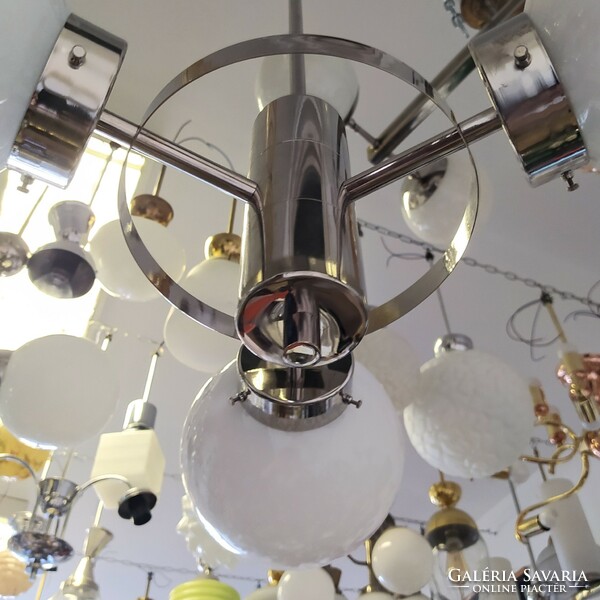 Bauhaus - Art deco - Streamline 3 karos, nikkelezett csillár felújítva - tejüveg gömb búrák
