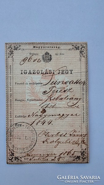 Kismagyar, certificate for a maid from 1865