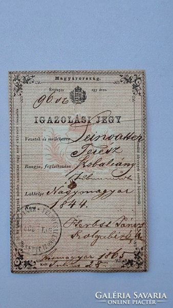 Kismagyar,IGAZOLÁSI JEGY  szobalány részére 1865-ből