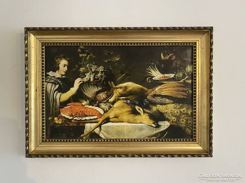 Hunting still life - print in an antique frame - nobleman with his prey