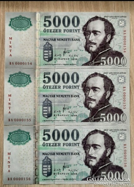 5.000- Forintos MINTA bankjegy 2008-as évjáratú UNC alacsony sorszám követő 3-db egyben!