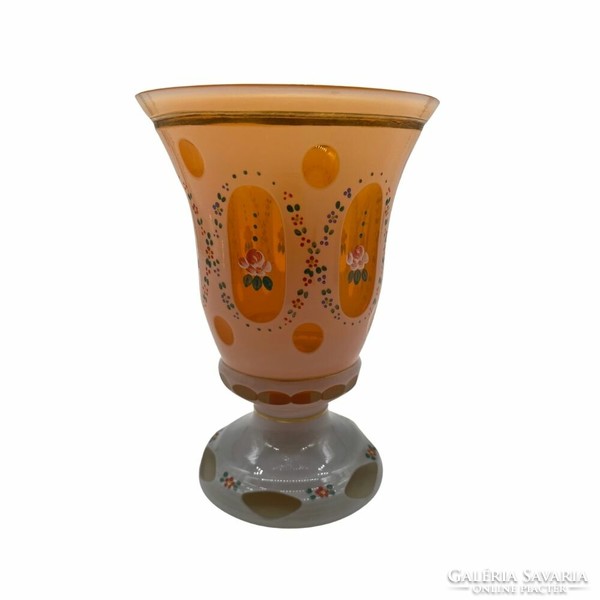 Biedermeier virágos narancs-fehér talpas pohár M01292