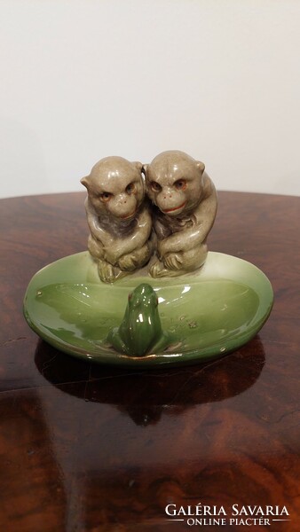 Antique porcelain bowl business card holder with monkeys and frog