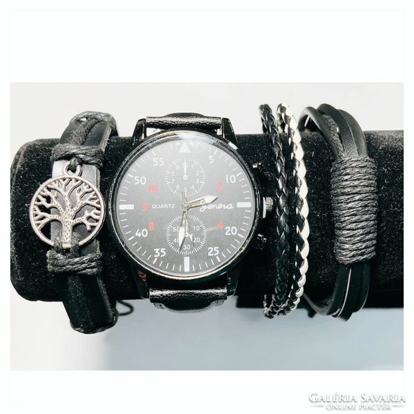 Men's watch and 3-piece adjustable leather bracelet 