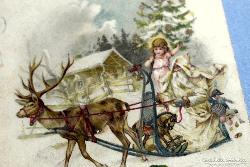 Antik Karácsonyi üdvözlő litho képeslap - szánon  Mikulás, szarvas, angyalka karácsonyfa 1906ból