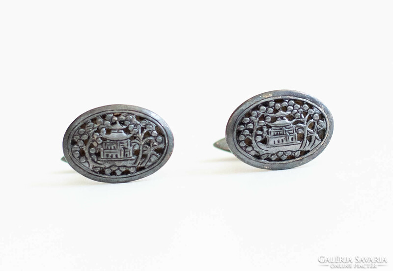 Pair of cufflinks with an openwork Chinese / Japanese pagoda pattern, thickly silver-plated - Christmas gift f