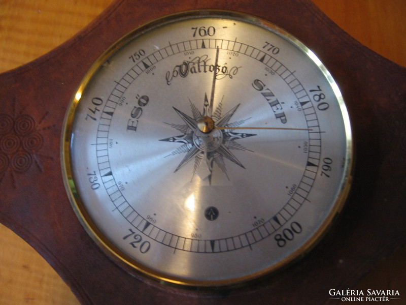 Retro weather forecaster, barometer in handcrafted leather frame