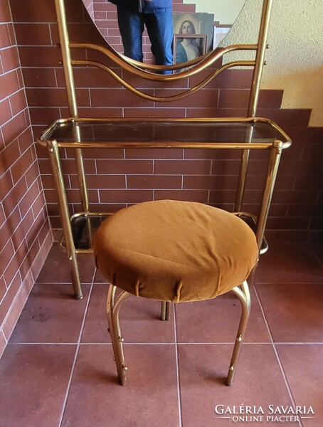 Dressing mirror table with glass shelves and the corresponding chair, copper alloy