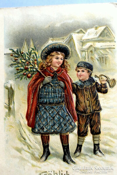Antique embossed Christmas greeting card - children winter landscape Christmas tree from 1909