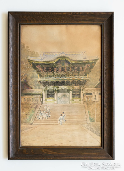 Yomeimon Gate at Tosho-gu Shrine in Nikko - Japanese watercolor painting - with bunsai loki sign