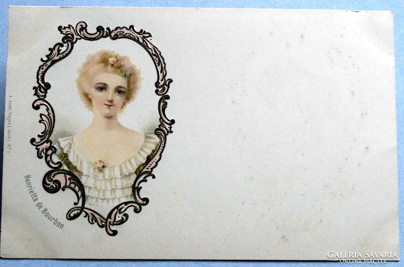 Antique artist litho postcard portrait of Princess Henriette of Bourbon in convex frame