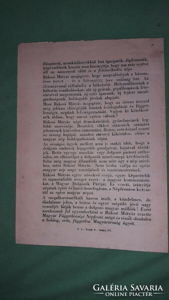 1946 - 47. Rákosi Mátyás VÁLASZTÁSI kortes képes röplap MAGYAR DOLGOZÓK PÁRTJA a képek szerint