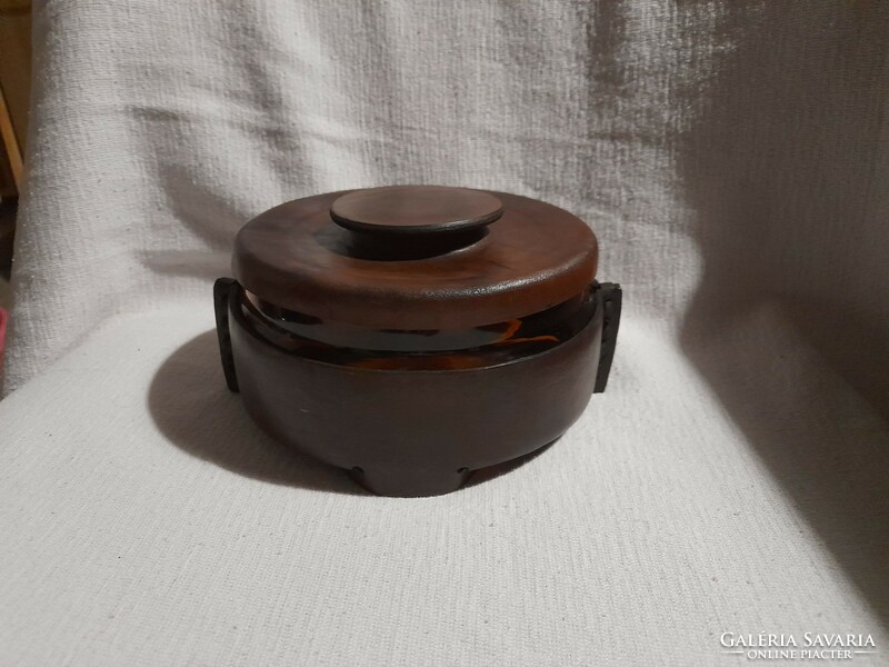Orange colored glass and leather container, unused