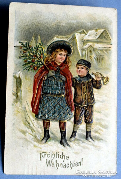 Antique embossed Christmas greeting card - children winter landscape Christmas tree from 1909