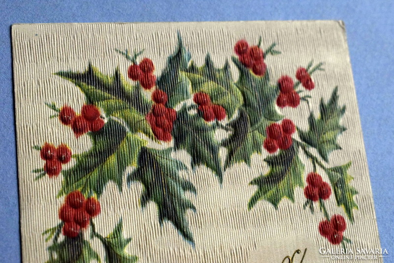 Antik dombornyomott Karácsonyi üdvözlő képeslap - magyalág  1908ból