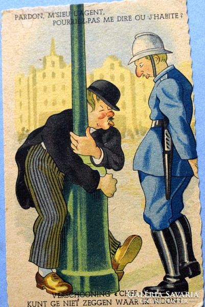 Régi humoros grafikus képeslap pityókás ember és rendőr