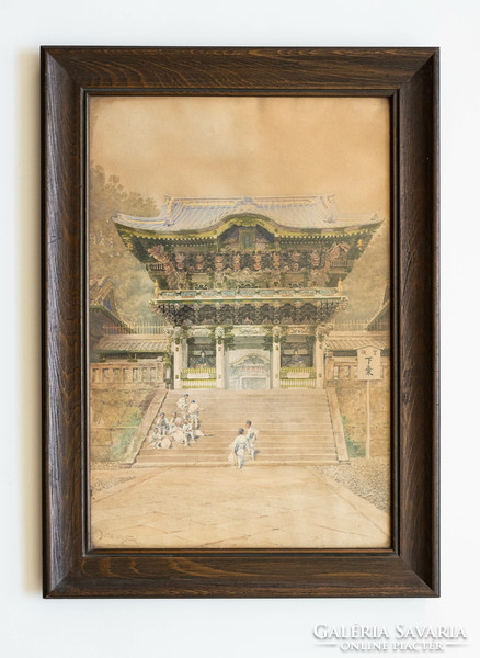 Yomeimon Gate at Tosho-gu Shrine in Nikko - Japanese watercolor painting - with bunsai loki sign