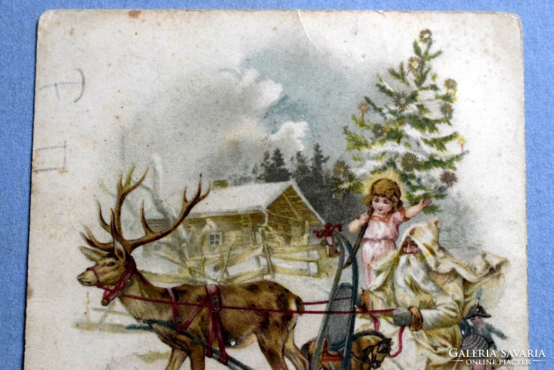 Antik Karácsonyi üdvözlő litho képeslap - szánon  Mikulás, szarvas, angyalka karácsonyfa 1906ból