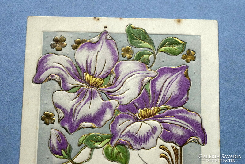Antik szecessziós  dombornyomott Újévi  üdvözlő litho képeslap -  virág