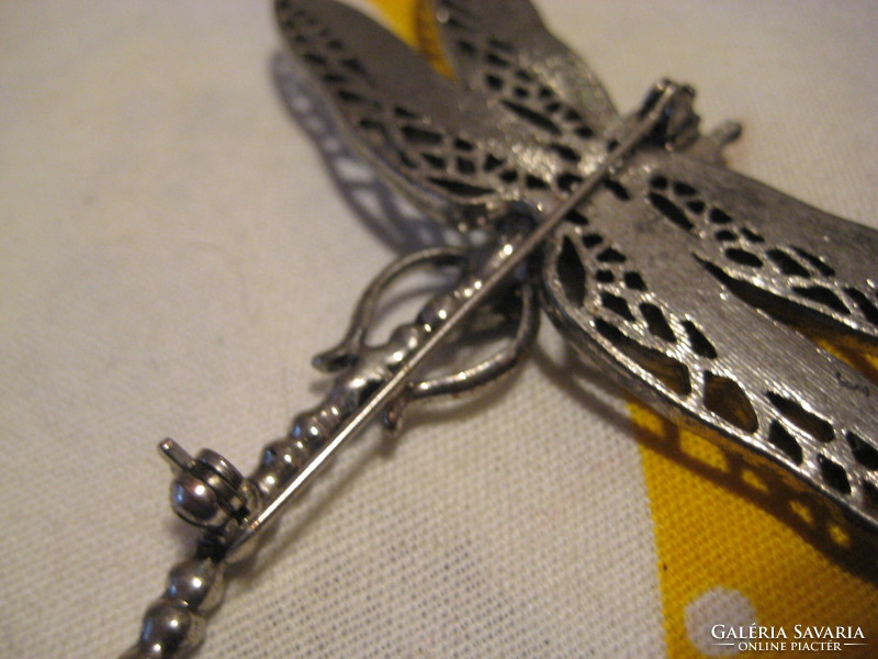 Antique dragonfly brooch, silver-plated, with stones, 7 x 6 cm
