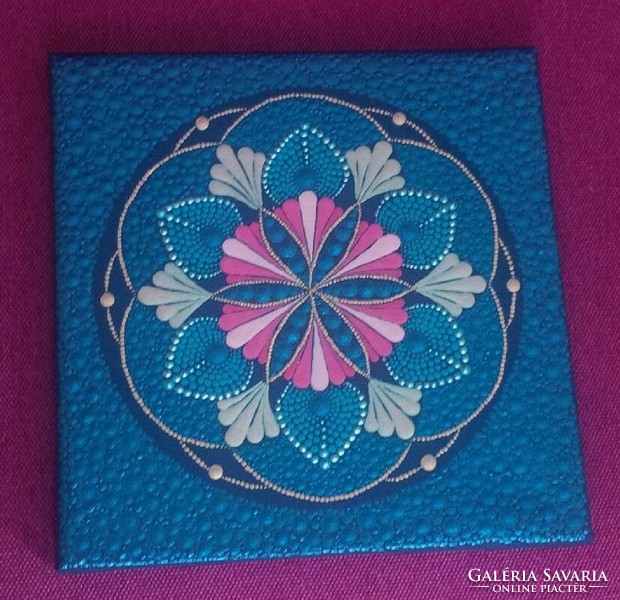 ÚJ! Kék virág mandala kép kézzel festett 20x20cm, pontozásos technikával készült feszített vászonra