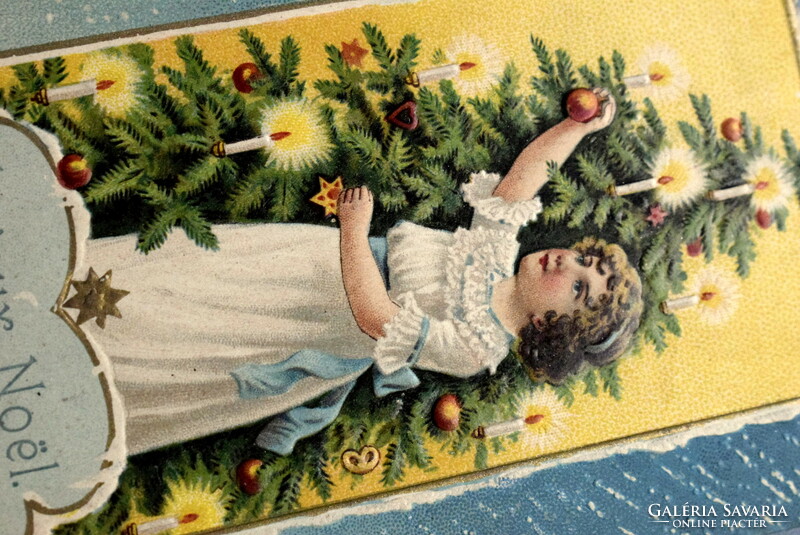 Antique embossed Christmas greeting card - little girl decorating a Christmas tree from 1907