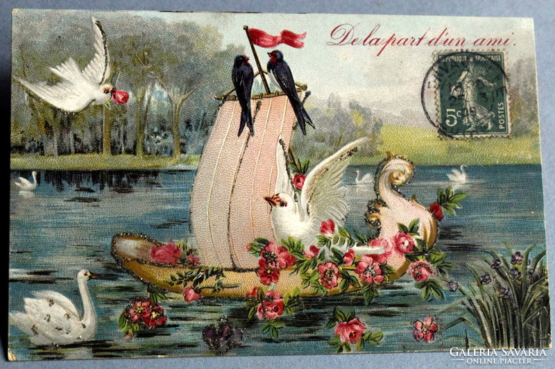 Antique embossed greeting glitter litho postcard - boat roses birds from 1908