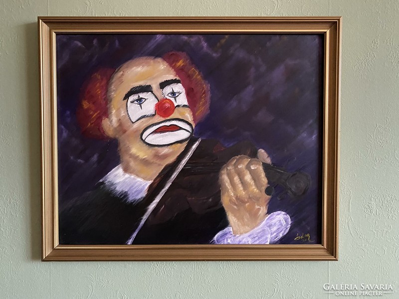 Musical clown oil painting framed on wood and marked