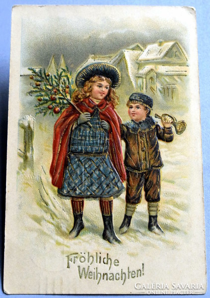 Antik dombornyomott Karácsonyi üdvözlő képeslap - gyerekek téli táj karácsonyfa 1909ből