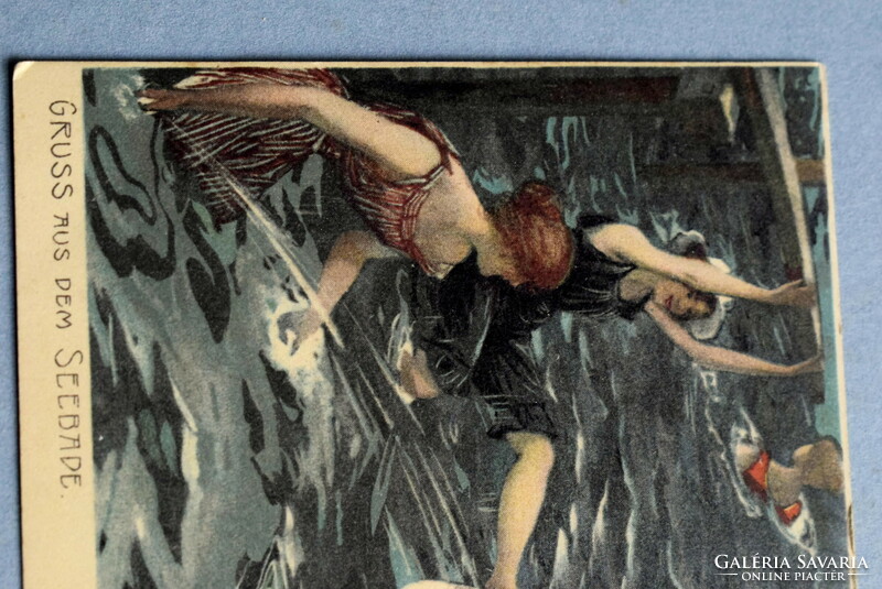 Antik humoros  litho művész  képeslap -  fürdőzők