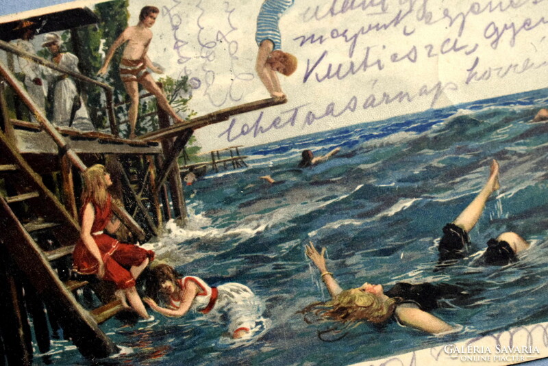 Antik humoros  litho művész  képeslap -  fürdőzők