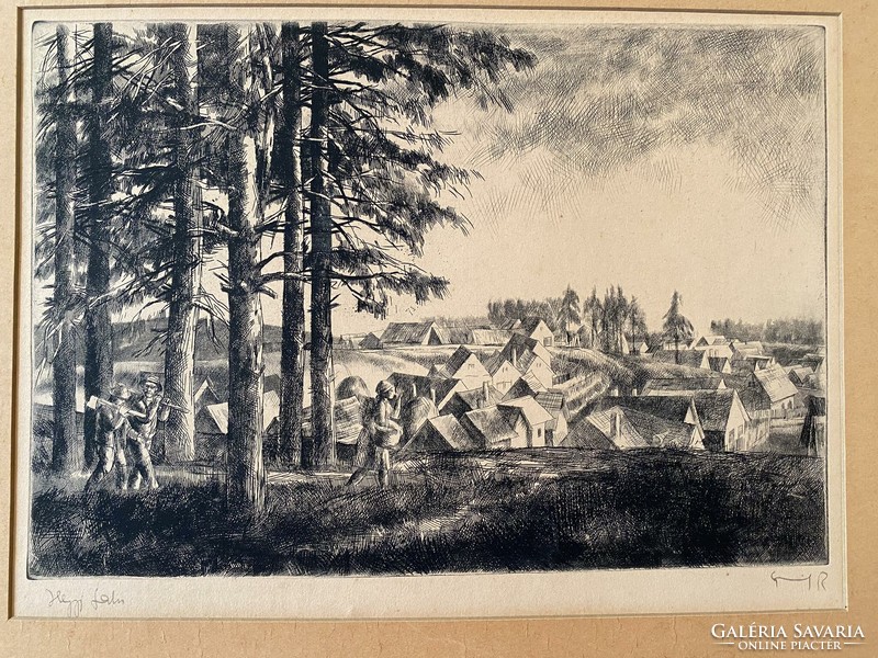 Greek relief mountain village etching without frame